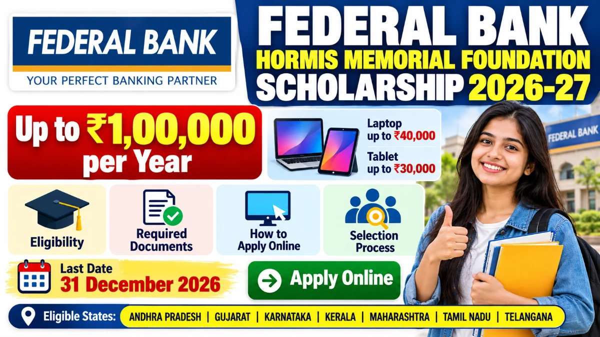 Federal Bank Hormis Memorial Foundation Scholarship 2026–27 offering up to ₹1 lakh annually, eligibility, documents, application and last date