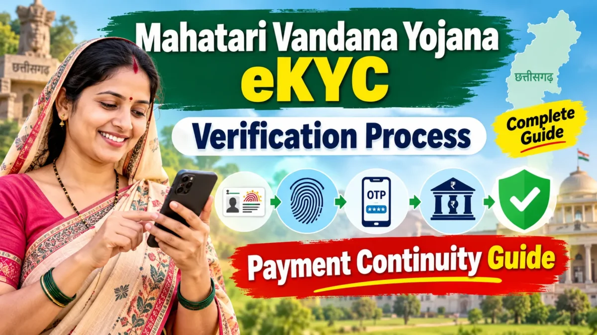 Mahatari Vandana Yojana eKYC Chhattisgarh verification process showing woman using mobile for Aadhaar OTP, biometric verification and payment continuity