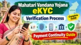 Mahatari Vandana Yojana eKYC Chhattisgarh verification process showing woman using mobile for Aadhaar OTP, biometric verification and payment continuity